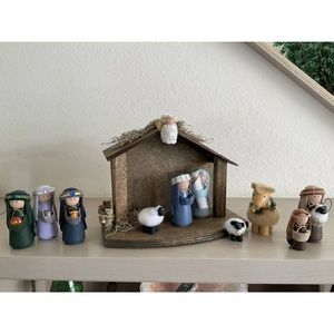 Handmade Wooden Nativity Scene - 3 Wise Men, Baby Jesus, Manger